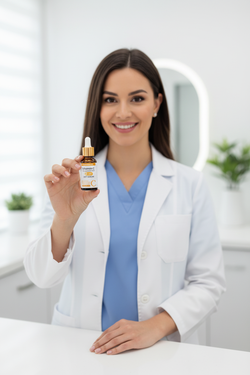 Докторка държи серума в клиника