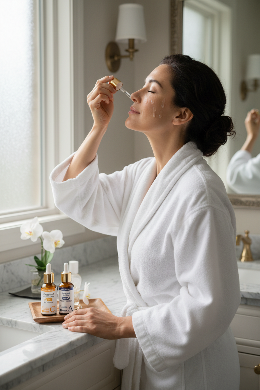 Жена нанася серума